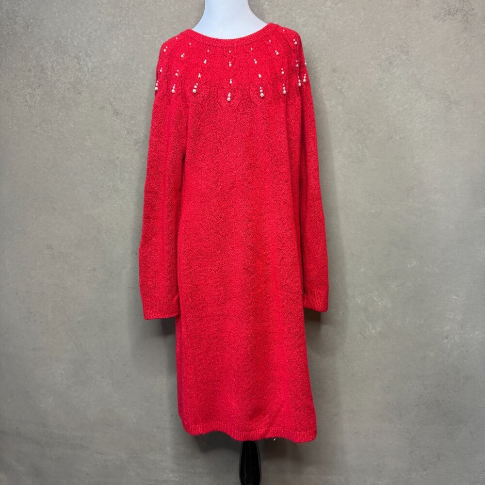 Talbots Red Pearl Embellished Cable Knit Sweater Dress Holiday Christmas Midi L
